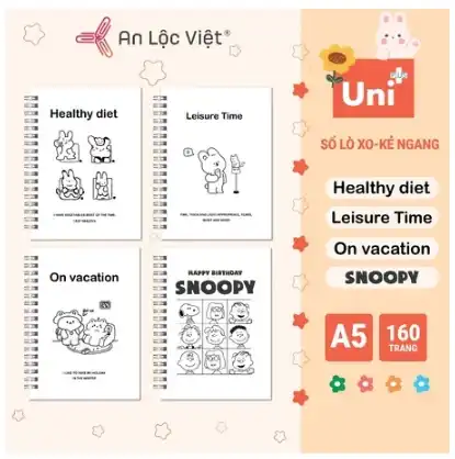 Set 4 cuốn sổ lò xo A5 – 120 trang (On vacation – Leisure time – Healthy diet – Snoopy) Set 4 cuốn sổ lò xo A5 – 120 trang (On vacation – Leisure time – Healthy diet – Snoopy)