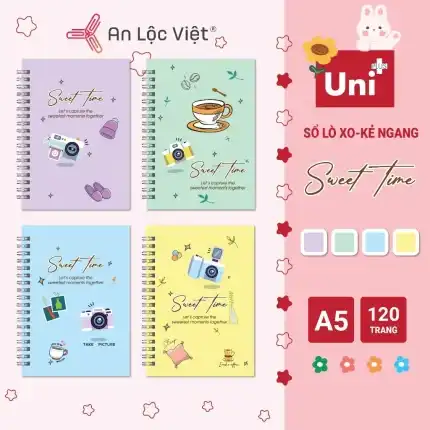 Set 4 cuốn sổ lò xo A5 Sweet Time – 120 trang (Tím – Vàng – Xanh dương – Xanh lá)
