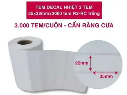 Cuộn decal nhiệt 3 tem 35x22mm x 3.000 tem R2-RC – Trắng