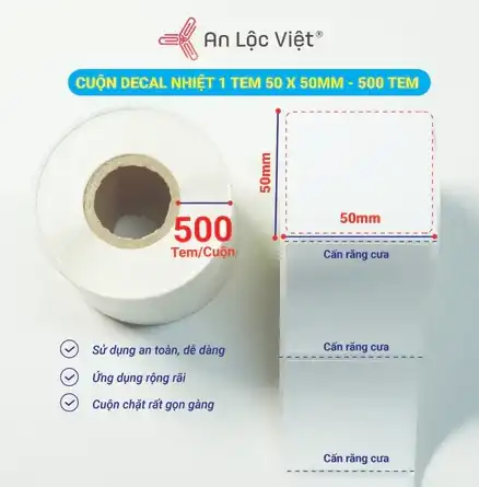 Cuộn decal nhiệt 1 tem 50 x 50mm – 500 tem R2-RC Cuộn decal nhiệt 1 tem 50 x 50mm – 500 tem R2-RC